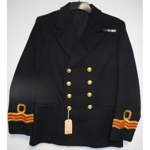 228 - British Navy dress uniform black jacket with brass naval buttons by Gaunt and also Gieves, bullion w... 