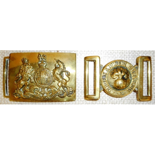 299 - Coldstream Guards brass belt buckle, brass shoulder belt plate, various cloth badges and markings, t... 