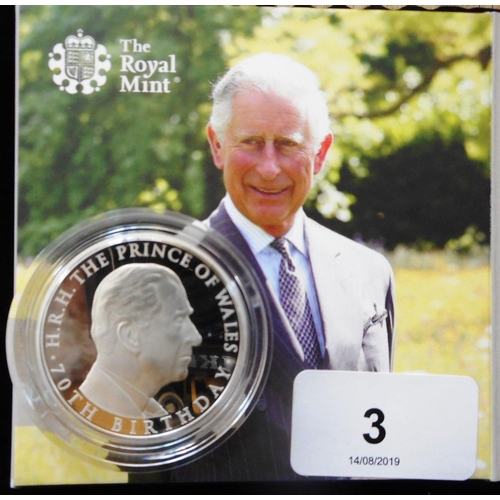 3 - United Kingdom. Five pound crown. 2018. Prince Charles 70th birthday. Silver Proof Piedfort. Cased.