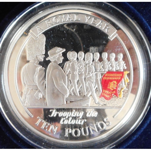 39 - Gibraltar. £10. 2005. Trooping the Colour. 5 oz. Silver Proof. Cased.