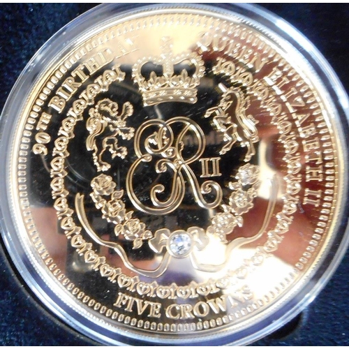 56 - Tristan da Cunha. Five crown limited edition. Gold plated Silver Proof. 90th Birthday commemorative.... 