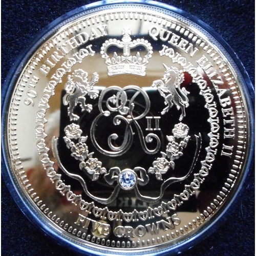 56 - Tristan da Cunha. Five crown limited edition. Gold plated Silver Proof. 90th Birthday commemorative.... 