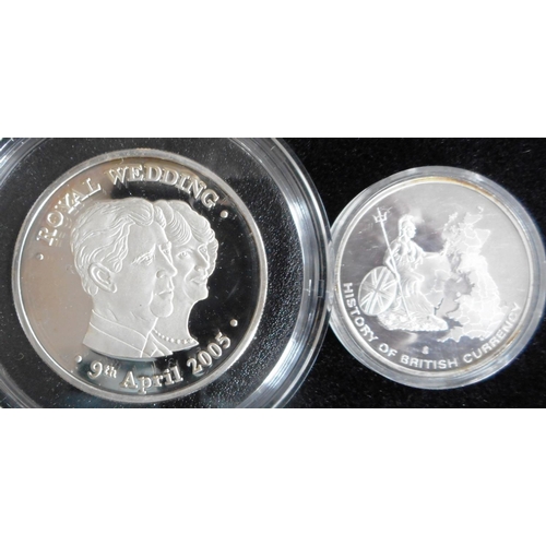 65 - Royal Wedding 2005 commemorative. 2 oz. pure silver. Also History of British Currency medallion. Bot...