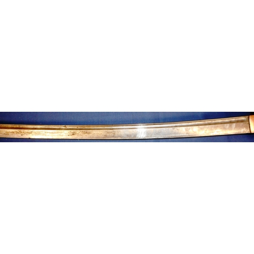 302 - Japanese sword. 60cm fullered blade. Rusted iron tsuba. In lacquered scabbard.2