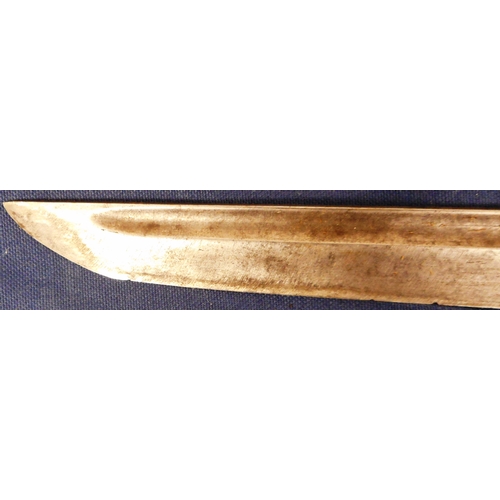 302 - Japanese sword. 60cm fullered blade. Rusted iron tsuba. In lacquered scabbard.2