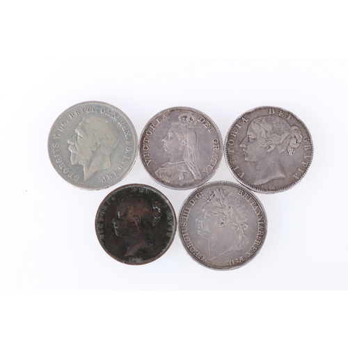 239 - UNITED KINGDOM Victoria (1837-1901) silver crown 1845 cinquefoil stops, double florin 1887, penny 18... 