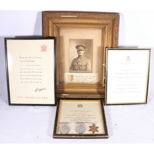 358 - WWII war medal, defence medal and 1939-1945 star, a framed phtograph of Oscar William Clark 2nd Lieu... 