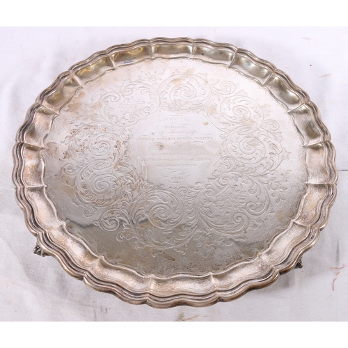 362 - Victorian silver salver with piecrust rim, engraved field and inscription 