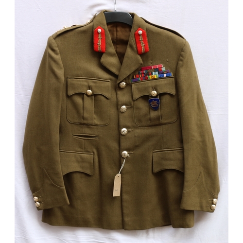 448 - British Army dress uniform khaki green jacket with Rogers, John Jones Ltd interior pocket label 