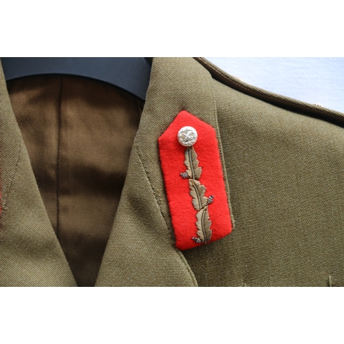 448 - British Army dress uniform khaki green jacket with Rogers, John Jones Ltd interior pocket label 