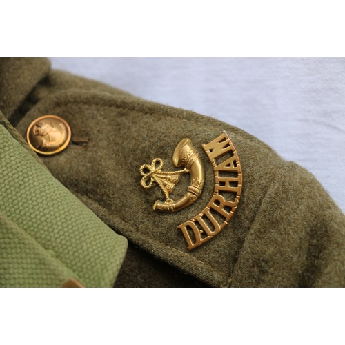 456 - British Army dress uniform khaki green jacket with Durham Light Infantry DLI brass buttons, shoulder... 