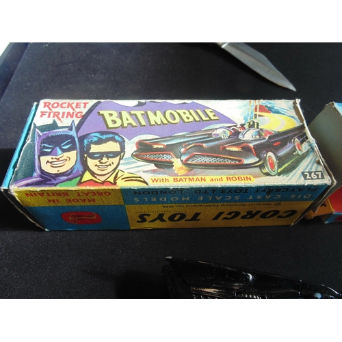 95 - Corgi Toys 267 rocket firing Batmobile with Batman and Robin on pictorial diorama stand with packet ... 