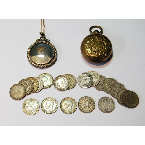 105 - Various silver and other 3d pieces, also a brass sovereign purse and a paste-set silver miniature lo... 