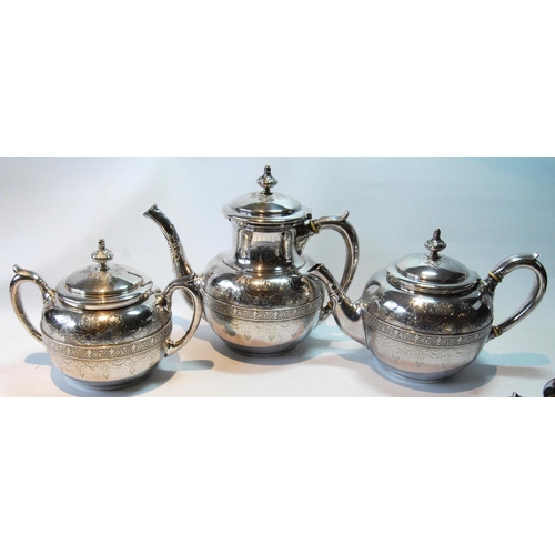 109 - Tiffany and Co., a good EP tea and coffee set, globular, with embossed band of scrolls upon matting ... 