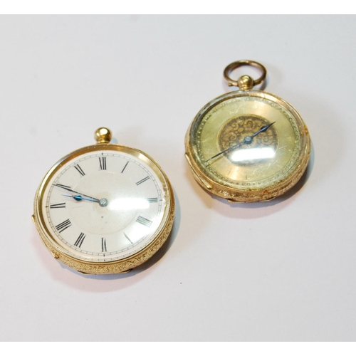 116 - Two Geneva cylinder watches in gold open face cases, '18k'.