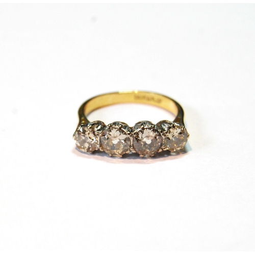 127 - Diamond four-stone ring with old-cut brilliants, approximately .6ct and .4ct, '18ct plat', size M.