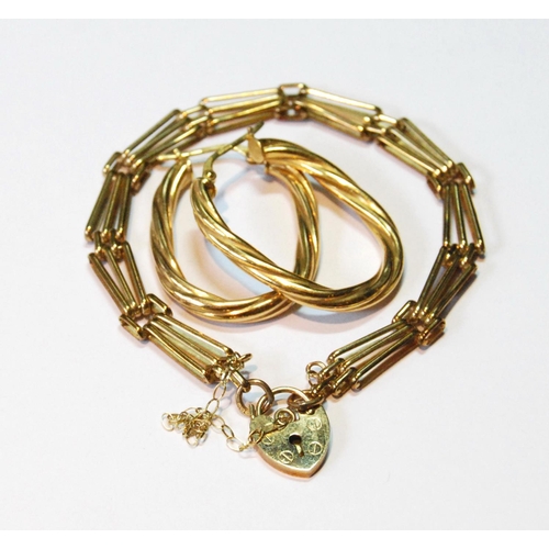 136 - 9ct gold gate bracelet and a pair of spiral hoop earrings, 12g.