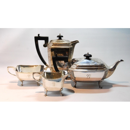 142 - Silver four-piece tea set of rectangular tapering shape with engraved corners, Birmingham 1933, 55oz... 