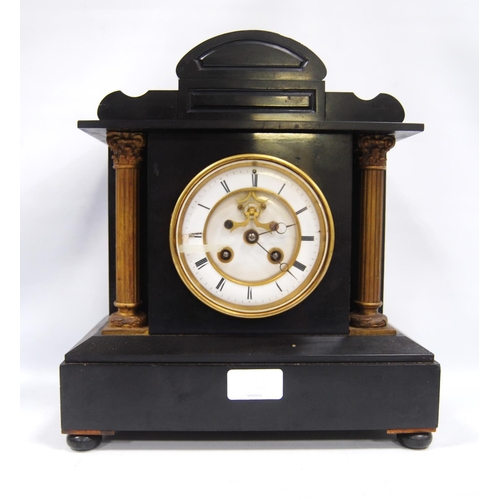 158 - Late Victorian slate mantel clock of Palladian form with white enamel chapter ring, Roman numerals, ... 