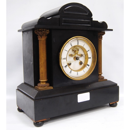 158 - Late Victorian slate mantel clock of Palladian form with white enamel chapter ring, Roman numerals, ... 