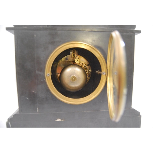 158 - Late Victorian slate mantel clock of Palladian form with white enamel chapter ring, Roman numerals, ... 