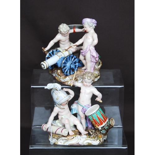 160 - Pair of Meissen figure groups, each of two semi-clad children playing at soldiers, one group with a ... 