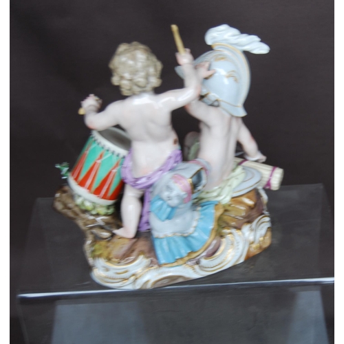 160 - Pair of Meissen figure groups, each of two semi-clad children playing at soldiers, one group with a ... 