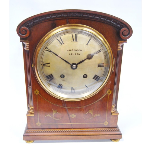 166 - Mahogany cased bracket clock by J.W. Benson, London with arched pediment, circular brass face, Roman... 