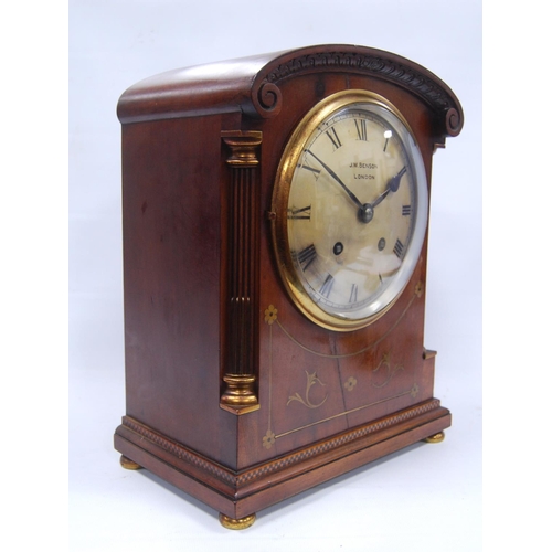 166 - Mahogany cased bracket clock by J.W. Benson, London with arched pediment, circular brass face, Roman... 