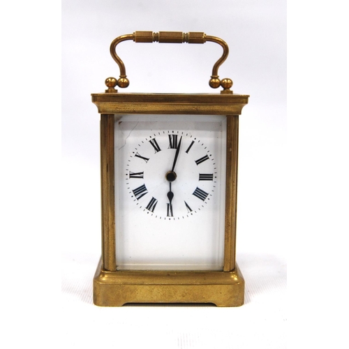 169 - French carriage timepiece with silvered lever platform, in corniche case, 12cm high.