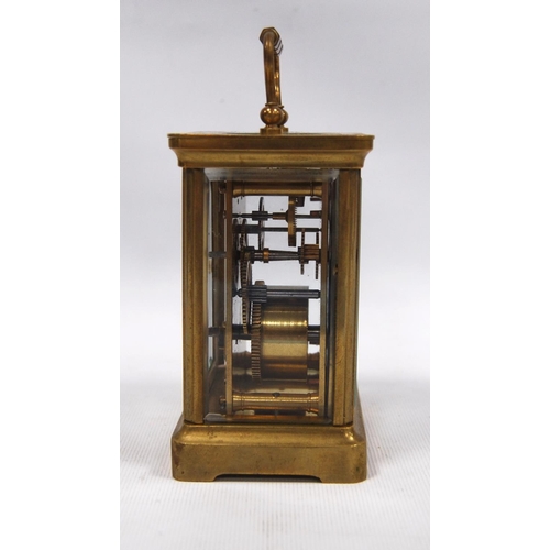 169 - French carriage timepiece with silvered lever platform, in corniche case, 12cm high.