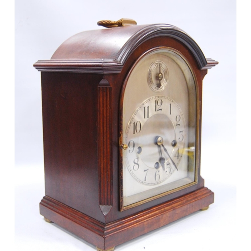 173 - Mahogany bracket clock with moulded arched pediment, brushed metal face, applied chapter ring, Arabi... 