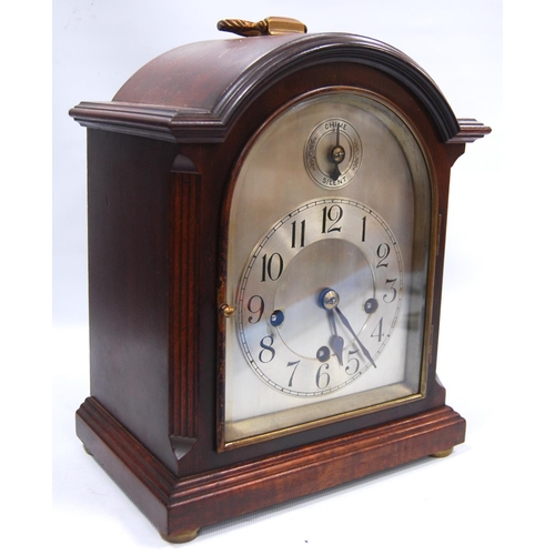 173 - Mahogany bracket clock with moulded arched pediment, brushed metal face, applied chapter ring, Arabi... 