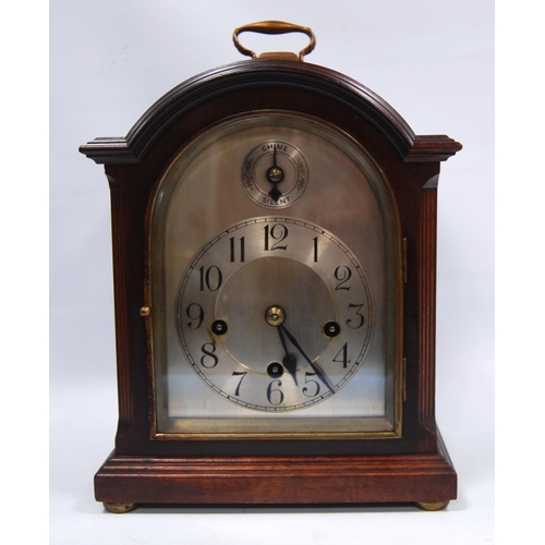 173 - Mahogany bracket clock with moulded arched pediment, brushed metal face, applied chapter ring, Arabi... 