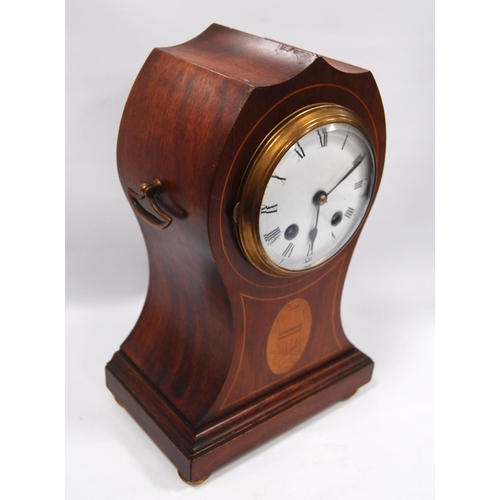 177 - Mahogany mantel clock with enamelled circular face, Roman numerals, boxwood inlaid trunk with urn lo... 