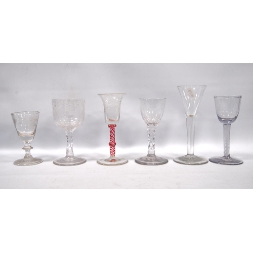 178 - Six assorted wine glasses, two barley twist glasses, one etched with vine leaves, another knop-stemm... 