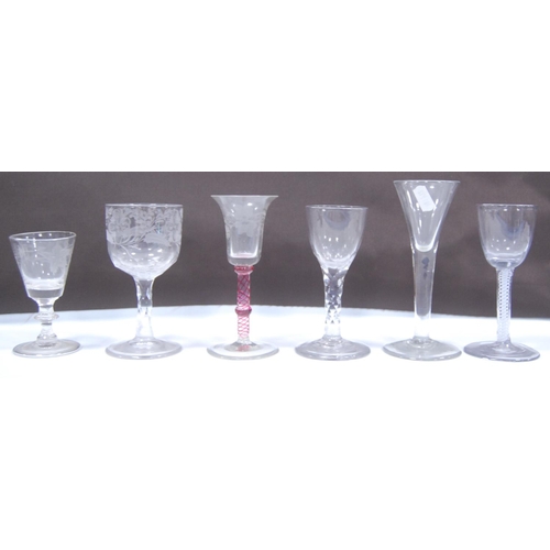 178 - Six assorted wine glasses, two barley twist glasses, one etched with vine leaves, another knop-stemm... 