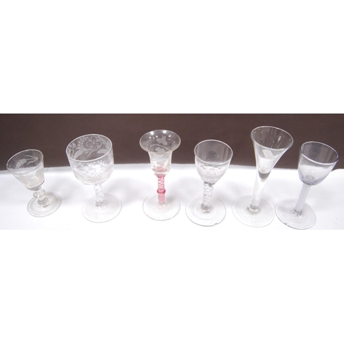 178 - Six assorted wine glasses, two barley twist glasses, one etched with vine leaves, another knop-stemm... 