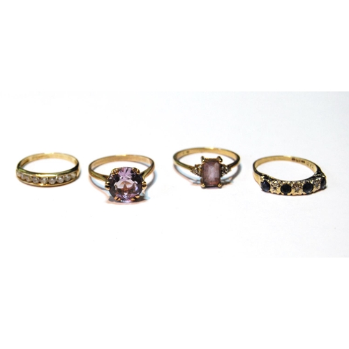 18 - Four gem rings in 9ct gold, various, 8.3g.