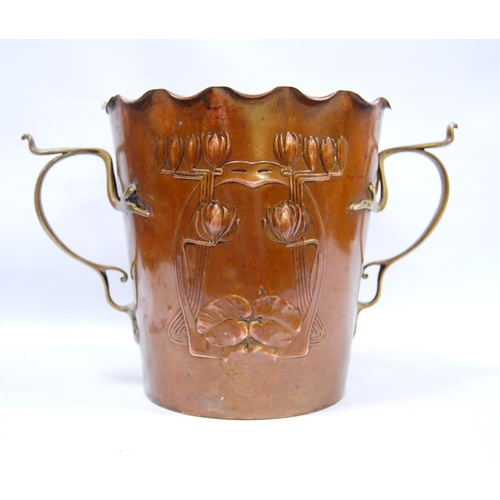 186 - Copper Jugendstil vase by Karl Deffner, c. 1900, decorated with tulips and lilies and with scrolling... 