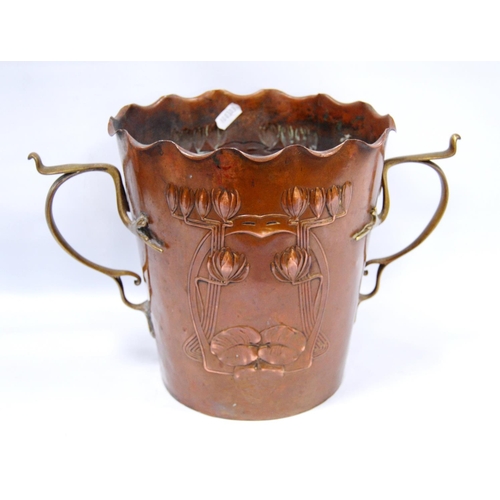 186 - Copper Jugendstil vase by Karl Deffner, c. 1900, decorated with tulips and lilies and with scrolling... 