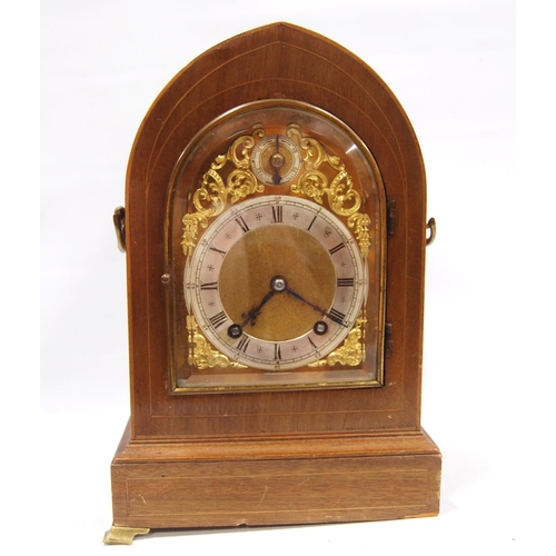 187 - Mantel clock by Winterhalder & Hofmeier, quarter chiming, with brass and silvered dial in mahoga... 