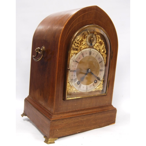 187 - Mantel clock by Winterhalder & Hofmeier, quarter chiming, with brass and silvered dial in mahoga... 