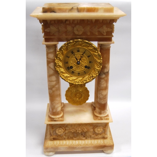 188 - 19th century continental alabaster mantel clock with stepped pediment over floral frieze, gilt flora... 