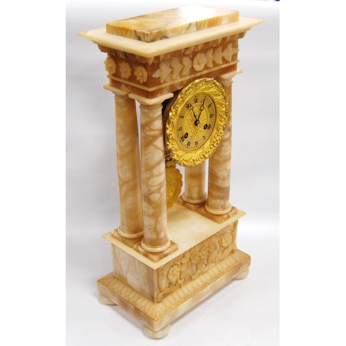 188 - 19th century continental alabaster mantel clock with stepped pediment over floral frieze, gilt flora... 