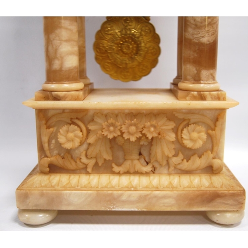 188 - 19th century continental alabaster mantel clock with stepped pediment over floral frieze, gilt flora... 