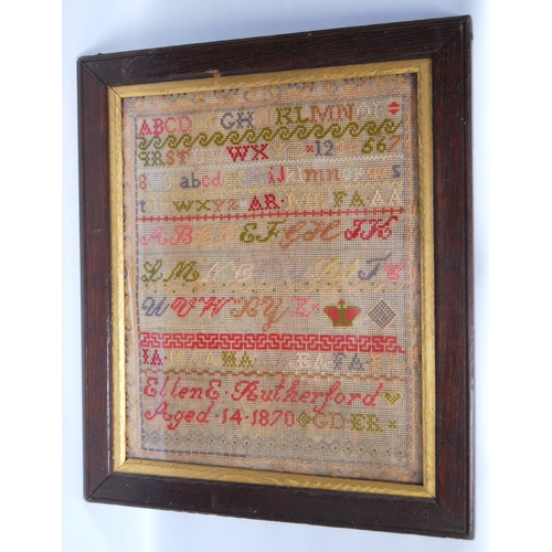 189 - Late 19th century sampler by Ellen E. Rutherford, age 14, 1870, 33cm wide and 40cm high.