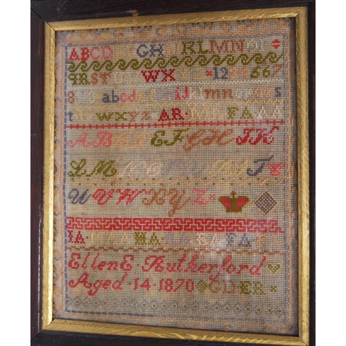 189 - Late 19th century sampler by Ellen E. Rutherford, age 14, 1870, 33cm wide and 40cm high.