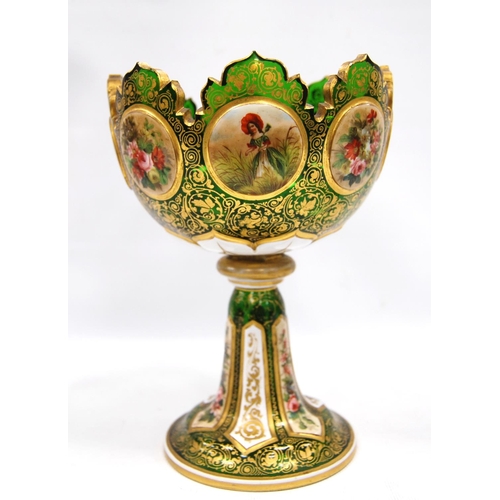 198 - Victorian green glass vase with shaped rim over painted panels and gilt floral decoration, 20cm high... 