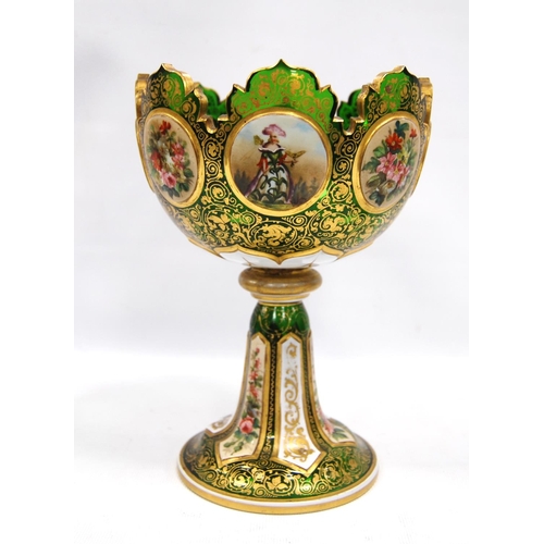 198 - Victorian green glass vase with shaped rim over painted panels and gilt floral decoration, 20cm high... 